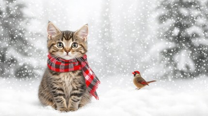 A cozy Christmas with a tabby cat and friendly cardinals in a snowy pine forest