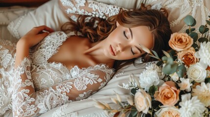 A woman in a white lace dress, lying on a bed with white sheets and a floral arrangement of roses and lilies on the bed.