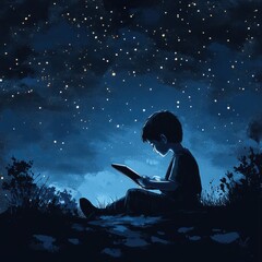 Wall Mural - an illustration of a young boy reading a digital tablet under a starry night sky, symbolizing the fu
