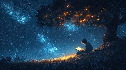 Wall Mural - calm night under the stars, a person reading by a softly glowing lantern
