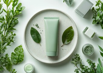 A green cosmetic tube surrounded by fresh leaves and natural ingredients on a white plate, ideal for promoting eco-friendly skincare products, organic beauty, or natural cosmetics,