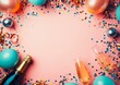 © Kakabe - Colorful confetti, champagne, and balloons on a pink background create a festive celebration theme, perfect for party invitations, holiday announcements, or celebratory greeting cards,