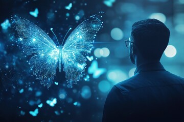 Blue Digital Butterfly on the businessman with glowing particles effect. Global business economy and digital transformation concept. Connectivity and Virtual reality theme.  with generative ai