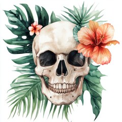 Canvas Print - Mexican Day of the Dead. Tropic Head vintage helloween illustration with floral tropical bouquets. Retro tattoo death design retro drawing.