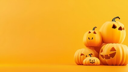 Wall Mural - Several pumpkins with a smile and a scared face on a bright orange background. Halloween. Copy space for text. 3D render.