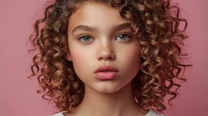 Wall Mural - Youth model girl with curly hair, pouting lips, pink background close-up