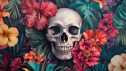 Poster - A Human Skull Amidst Vibrant Tropical Flowers and Foliage