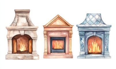 Watercolor painting of three beautiful, fireplaces with different designs, isolated on a white background