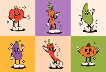 Groovy retro characters vegetables. Tomato, carrot, eggplant, pepper, zucchini, pumpkin. Flat vector illustration.