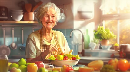 Portrait, fruit salad and apple with a senior woman in the kitchen of her home for health, diet or nutrition. Smile, food and cooking with a happy mature female pension eating healthy in the house.