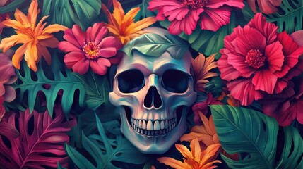 Wall Mural - A Human Skull Surrounded by Tropical Flowers and Leaves