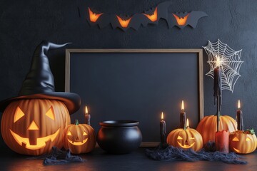 Canvas Print - Social media presentation podium with images of monster pumpkins, bats, spider webs, cauldrons, and witch hats for Halloween day celebrations