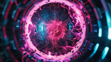 Poster - Abstract neon pink and blue energy burst inside futuristic circle.