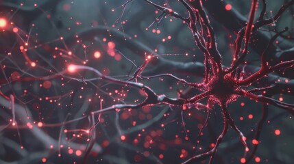 Canvas Print - Abstract nerve cell with glowing red connections.