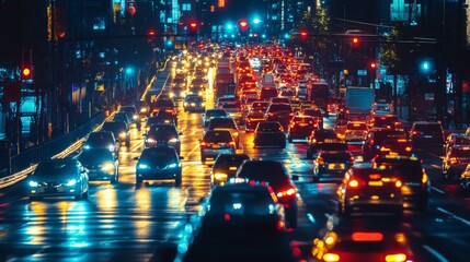 Aufkleber - A nighttime image of a busy street with illuminated traffic signals and the vibrant motion of headlights and taillights, highlighting urban traffic at dusk.