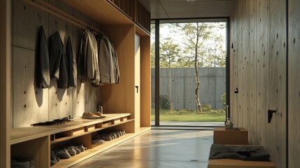 Poster - Modern hallway with wooden storage shelves and clothes hanging on the wall.