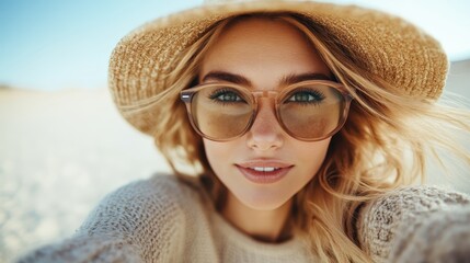 A vibrant, sunny day captures a woman in sunglasses and a hat, smiling brightly, and embracing the warmth, showcasing a relaxed and carefree moment in an outdoor setting.