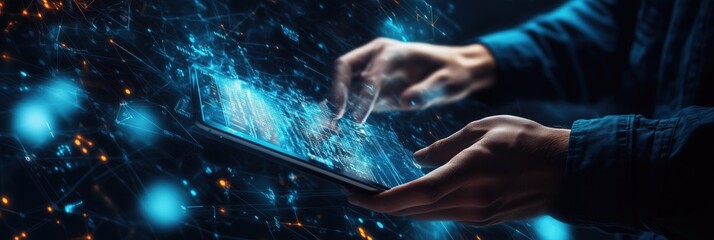 Wall Mural - futuristic technology: hands interacting with digital interface on tablet