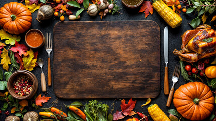 Thanksgiving dinner preparation with seasonal vegetables and poultry on rustic background with copy space