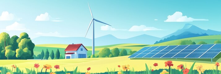 Wall Mural - Sustainable energy landscape: wind turbine and solar panels in blooming countryside