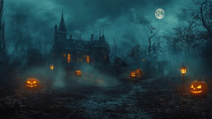 Canvas Print - Happy Halloween pumpkins in a haunted town