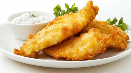 A plate of crispy fried fish fillets with a side of tartar sauce, arranged on a white background to emphasize the golden-brown texture and appetizing look.