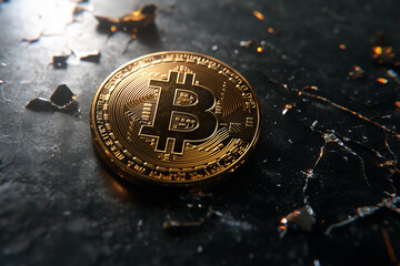 Golden Bitcoin coin rests on a black background with a pixelated design and shattered glass effect