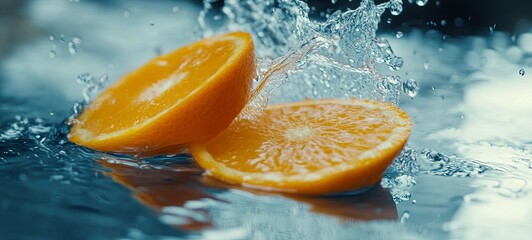 Wall Mural - Super slow motion shot of fresh orange slices followed by the camera splashing into the water at 1000 frames per second.