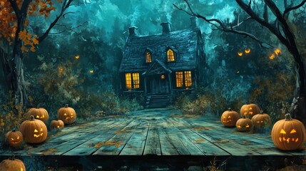 Wall Mural - Jack O' Lanterns with castle in the Spooky Night background, a mock up space for a Halloween concept