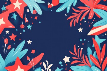 Wall Mural - A colorful floral frame with red and blue flowers and stars on a dark background.