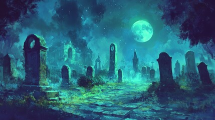 Wall Mural - It reads like a ghostly, spooky graveyard with crooked tombstones and leafless trees, all lit by a pale full moon, creating an eerie atmosphere.