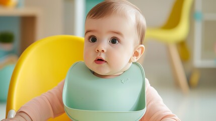 Adorable baby girl wearing a green bib, seated in a yellow highchair, looking up with a curious expression.