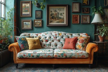 A large floral couch with a variety of pillows and a lamp on a table