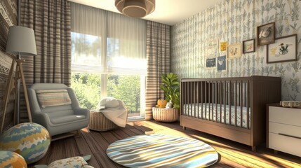 Wall Mural - Sunny nursery with a crib, armchair, and rug.