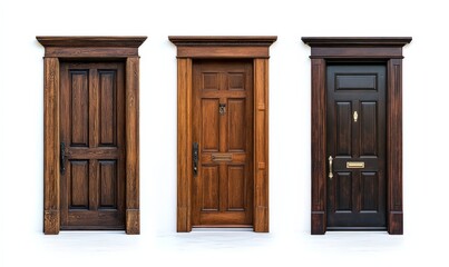 three luxury different entrance doors isolated on white background