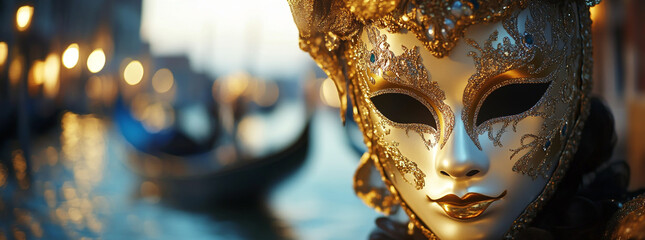 A close-up shot capturing the intricate details and colors on an ornate Venetian mask during Carnival