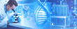 © New Africa - Scientist using microscope in lab, test tubes on table and DNA, multiple exposure. Laboratory analysis. Banner design