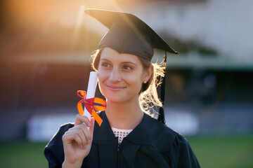 Poster - Happy woman, student and graduation with certificate for academic achievement or qualification at ceremony. Young, female person or graduate with smile for milestone, scholarship or university degree