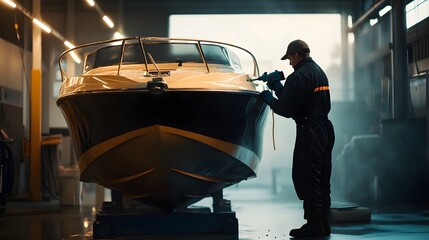 Worker polishing a boat in a workshop.