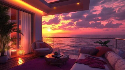 Poster - Relaxing balcony furniture overlooking a stunning sunset and ocean.