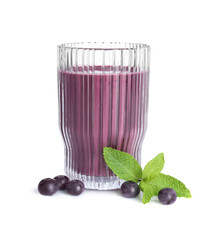 Wall Mural - Tasty acai juice in glass, mint and berries isolated on white