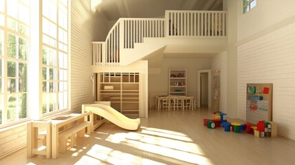 A bright, airy playroom with a wooden slide, a table, and colorful toys.