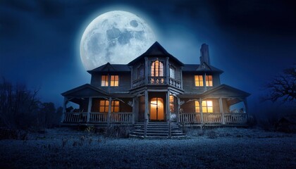 Wall Mural - Spooky haunted house at night with full moon and eerie glow