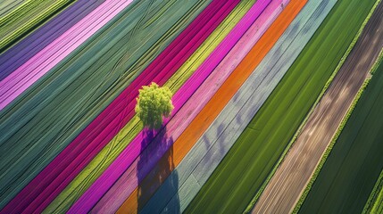 Wall Mural - Aerial view of a colorful field with a single tree.