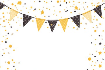 Wall Mural - A festive banner with black and yellow triangle flags, polka dots, and stars, creating a cheerful atmosphere.