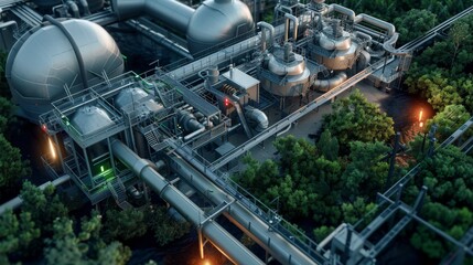 Canvas Print - Aerial view of a futuristic industrial facility surrounded by lush green trees.