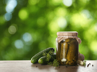 Jar with pickled cucumbers on wooden table outdoors, space for text