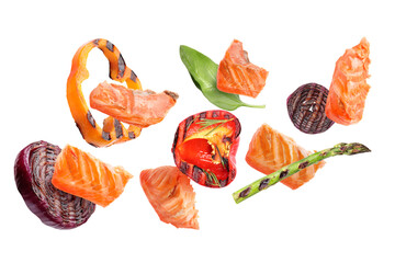 Wall Mural - Delicious grilled salmon and vegetables flying on white background