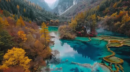 Poster - Aerial view of a turquoise blue lake surrounded by autumn foliage and mountains.