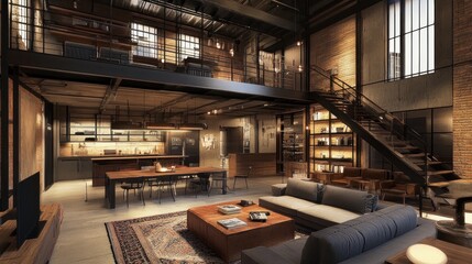 Canvas Print - Modern loft living room with exposed brick walls, a wooden dining table and a grey sofa.